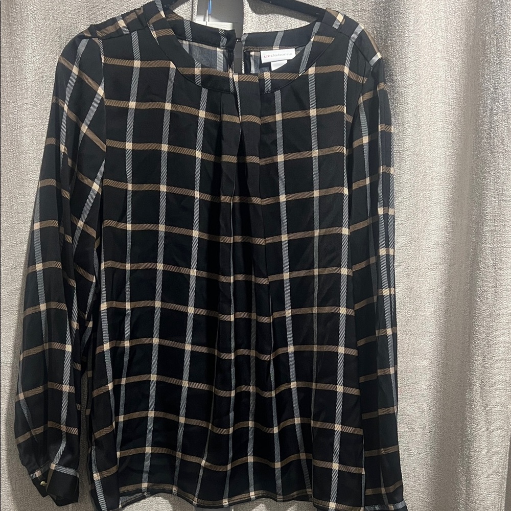 Liz Claiborne Black Plaid Long-Sleeve Blouse with Tan and Gray Windowpane